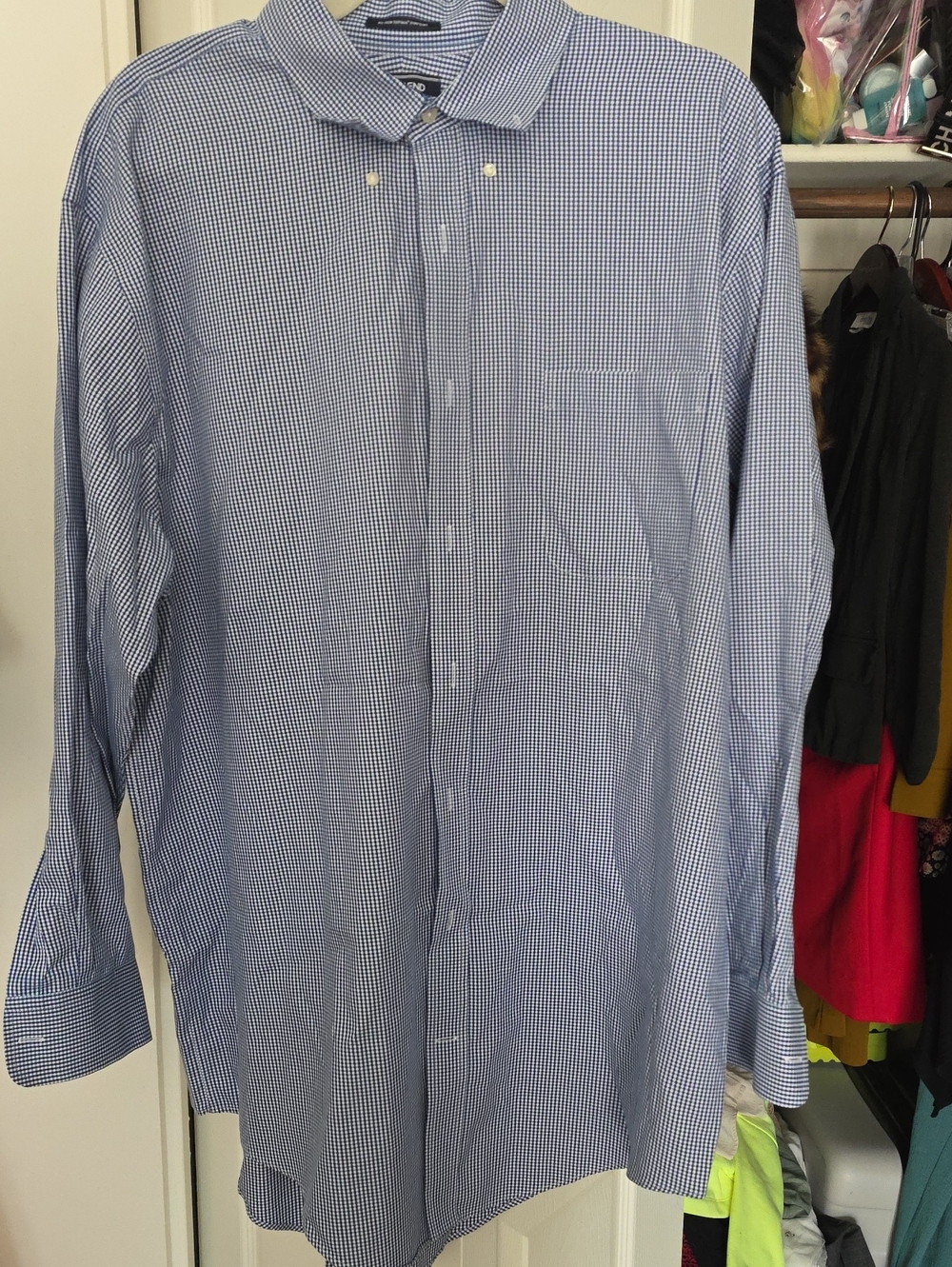 Lands' End Blue Micro-Check Button-Down Shirt 18 TALL